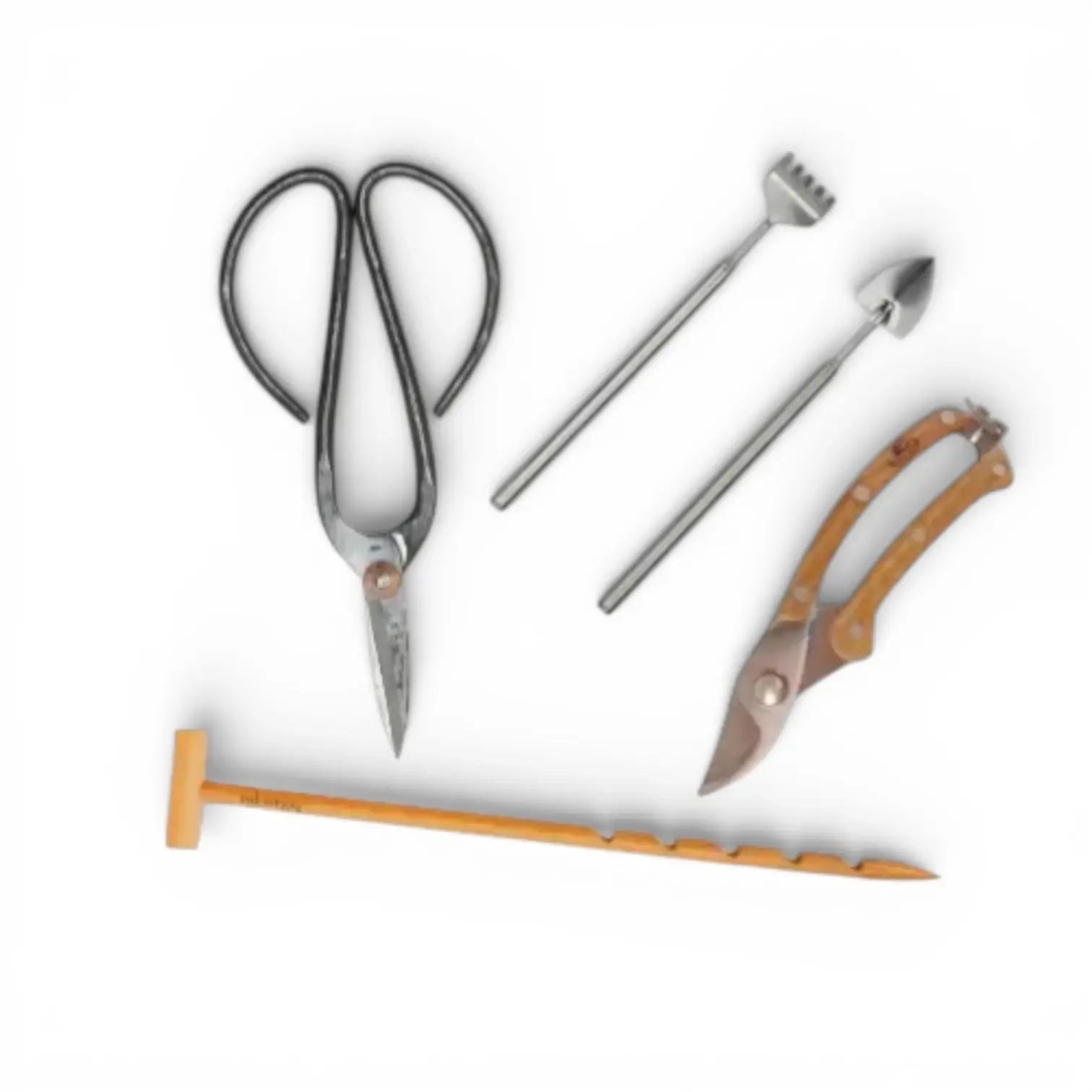 Various plant care tools and accessories, scissors, prinners mini-rake and mini-shovel, humidity meter, flatlay on white backround