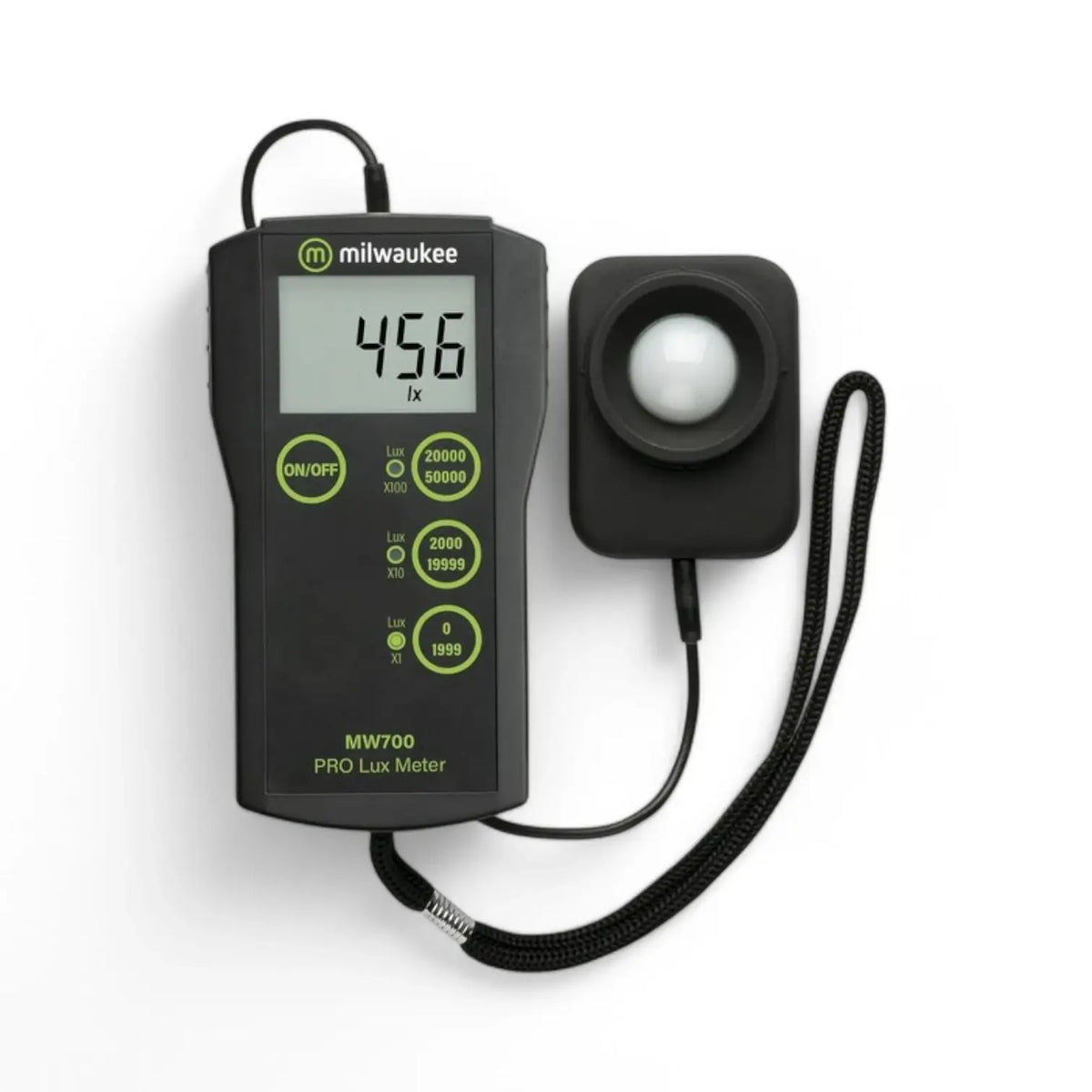 Milwaukee MW700 PRO Lux Meter Hauptproduktfoto vor weiĂźem Hintergrund.