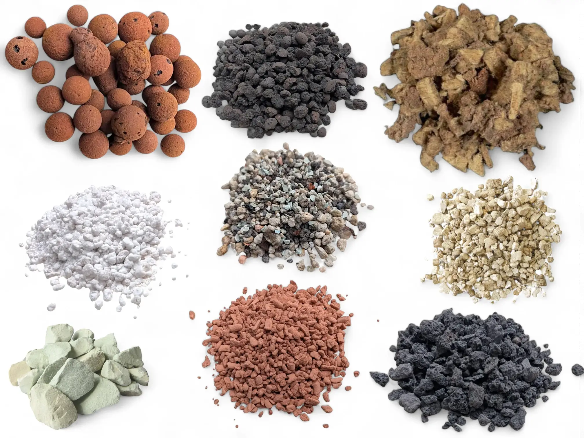 Flatlay of various inert substrates on a white surface: LECA, pumice, Mapito, perlite, Pon, vermiculite, zeolite, Seramis, and lava rock.