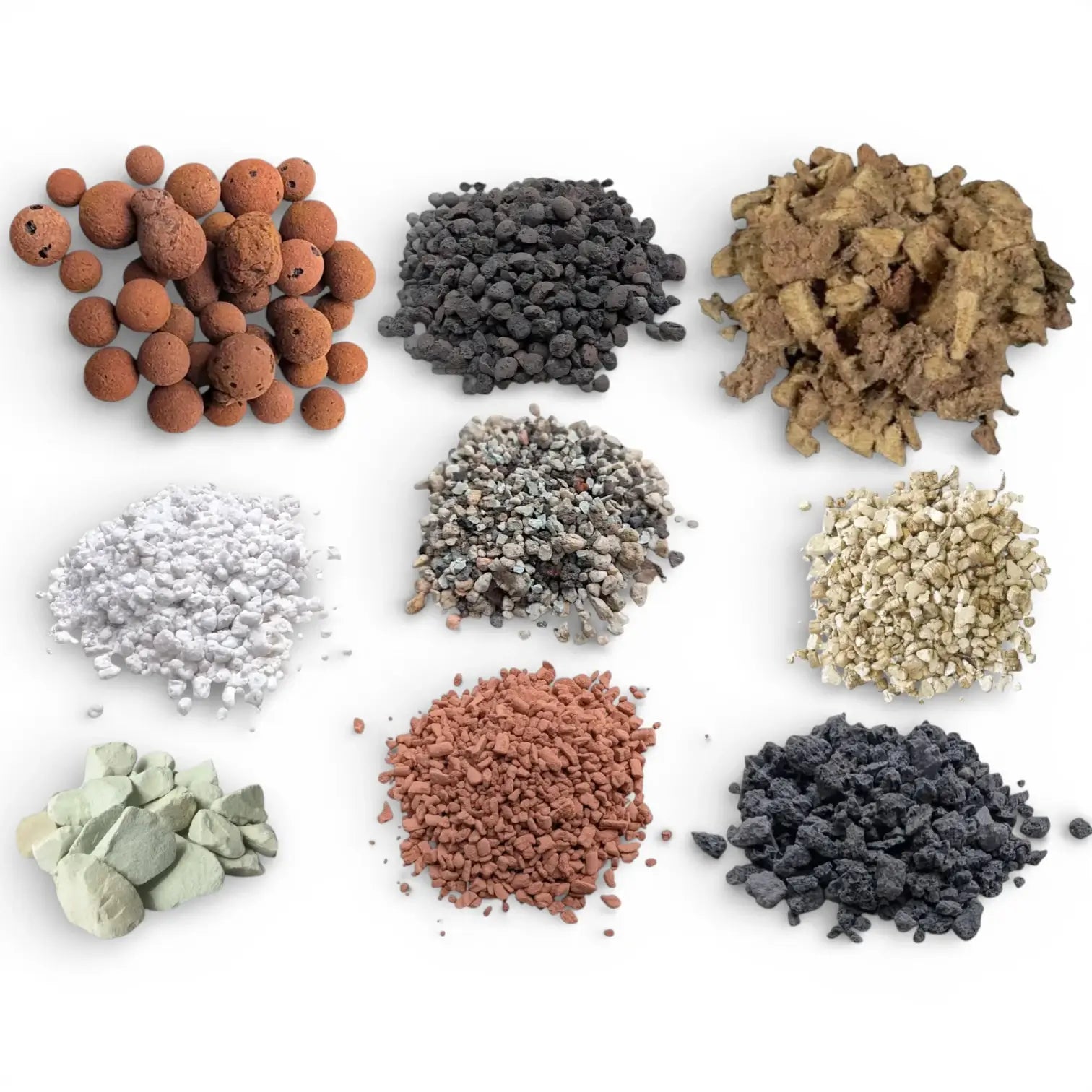 Various substrate types and amendments on a white backround:leca, pon, coco coir, activated carbon, seramis, perlite, vermiculite