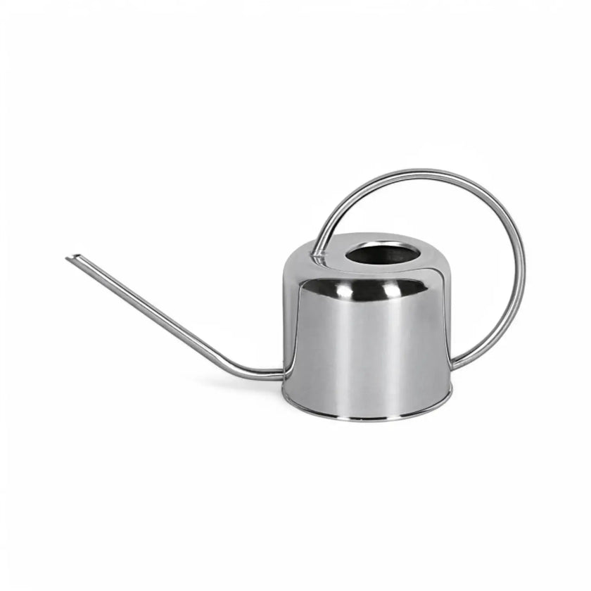 Steel watering can on white background, product photo 2.