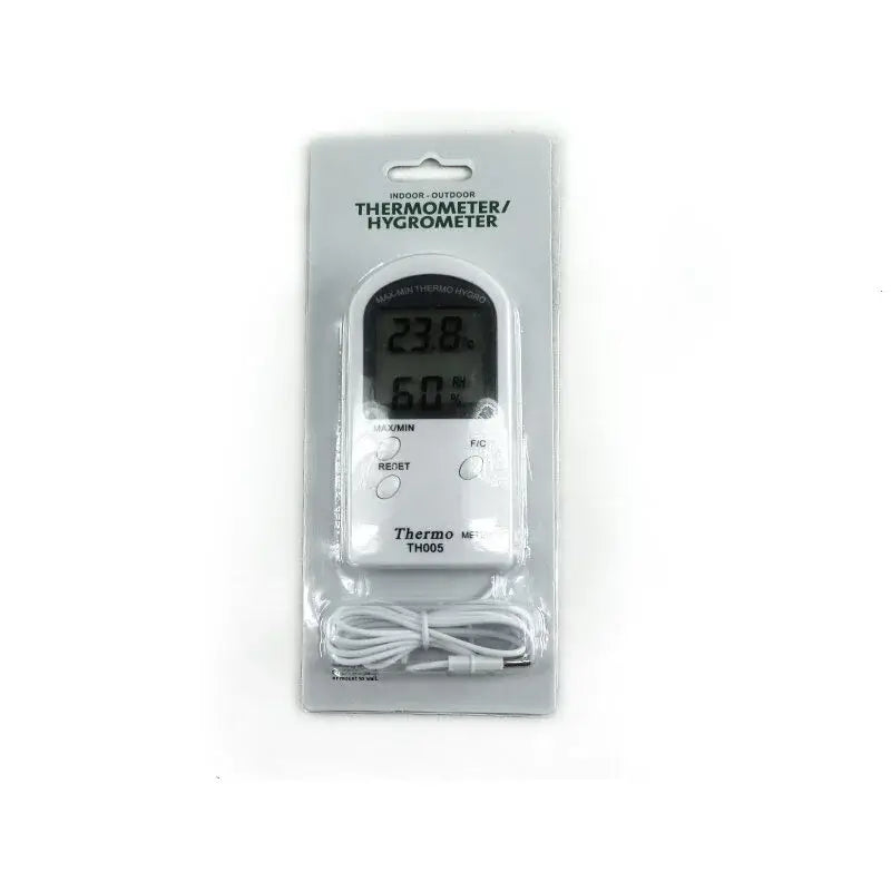 Digital hygro-thermometer on white background, product photo 2.